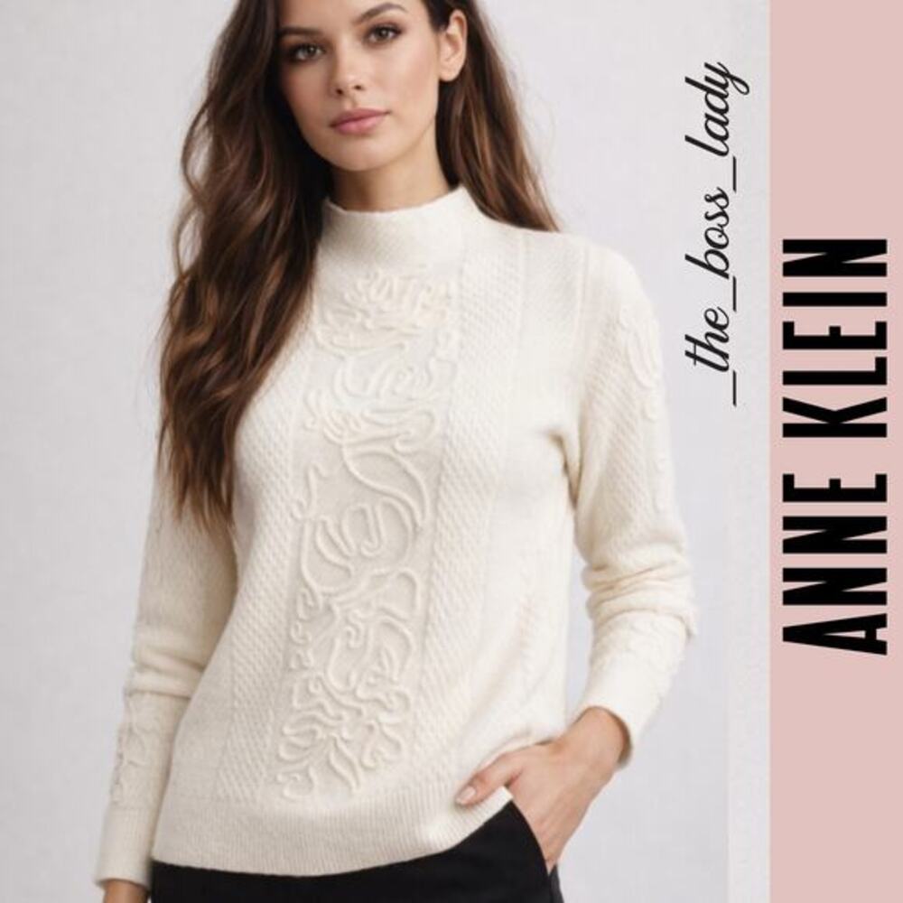 Anne Klein sweater wool blend cable knit embroidered XL
